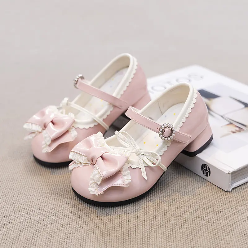 Girls High Heeled Leather Shoes Princess Chic with Double Bow-knot Kids Princess Wedding Party High Heels Fashion Dress Shoes