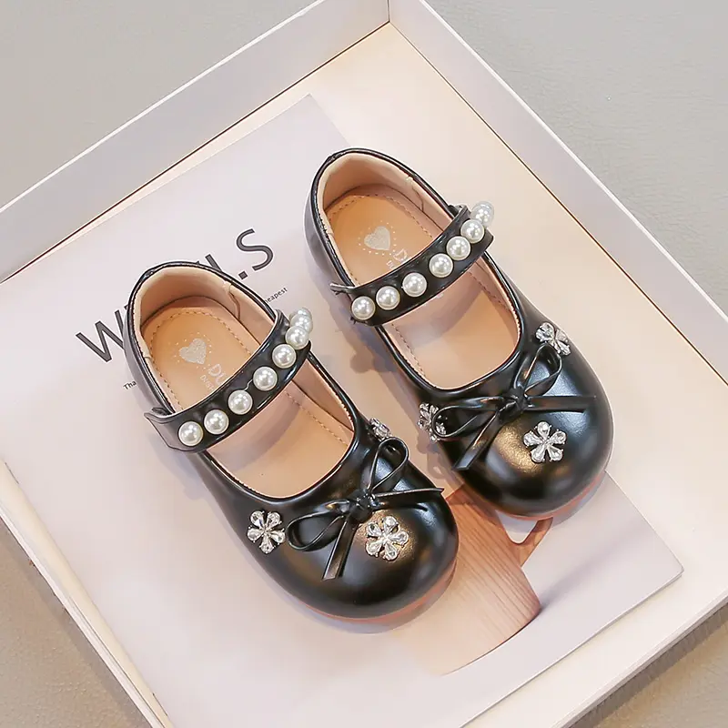 Girls Flats Princess Style Simple Bows Kids Leather Shoes Round Toes Sweet Flowers 2025 Autumn New Children Casual Dance Shoes
