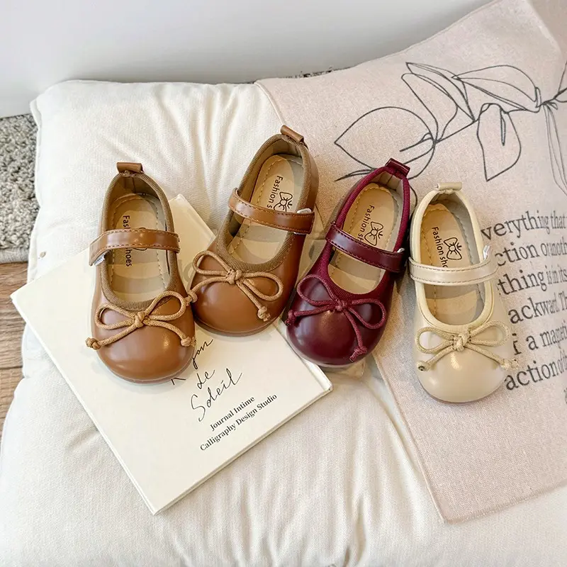 Girls Leather Shoes for Party Wedding Fashion Children Princess Shoes with Bow-knot Anti-Slippery Kids Flats Moccasins Shoes