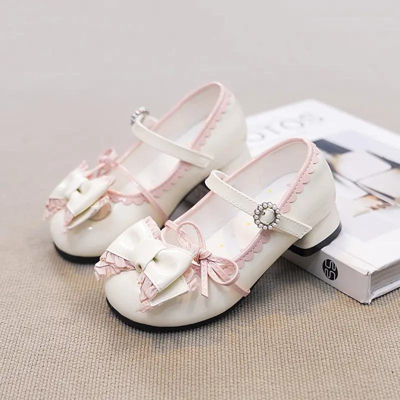 Girls High Heeled Leather Shoes Princess Chic with Double Bow-knot Kids Princess Wedding Party High Heels Fashion Dress Shoes