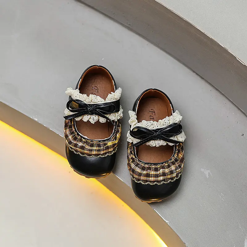 Trend Girls Lace Leather Shoes Sweet Elegant Children Causal Princess Bowknot Flat Shoes Spring Autumn Fashion Kids Ballet Shoes