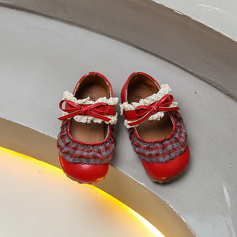 Trend Girls Lace Leather Shoes Sweet Elegant Children Causal Princess Bowknot Flat Shoes Spring Autumn Fashion Kids Ballet Shoes