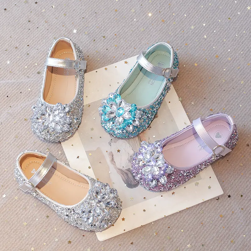 Children's Leather Shoes New Luxury Girl Shoes for Princess Wedding Party Sequins Causal Kids Fashion Flat Shoes Sweet Versatile