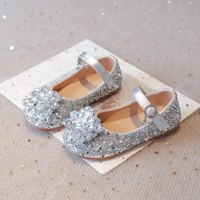 Children's Leather Shoes New Luxury Girl Shoes for Princess Wedding Party Sequins Causal Kids Fashion Flat Shoes Sweet Versatile