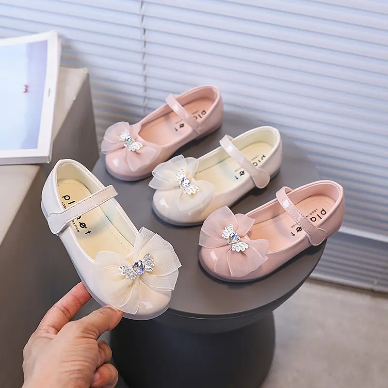 Girls Flats with Big Lace Bows Kids Leather Shoes Korean Style Elegant 2025 Autumn New Children Dance Shoes Soft Bottom Non-slip