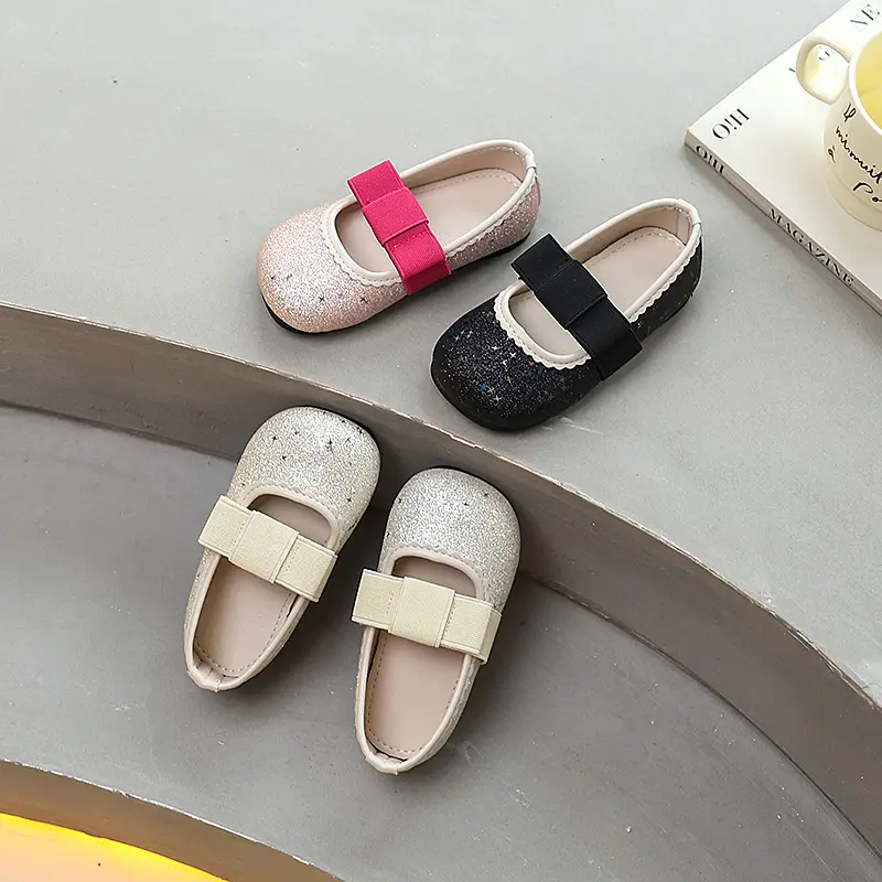 2025 Girls Bowknot Ballet Shoes Sequins Spring Autumn Children Fashion Leather Shoes Round-toe Princess Kids Causal Flat Shoes
