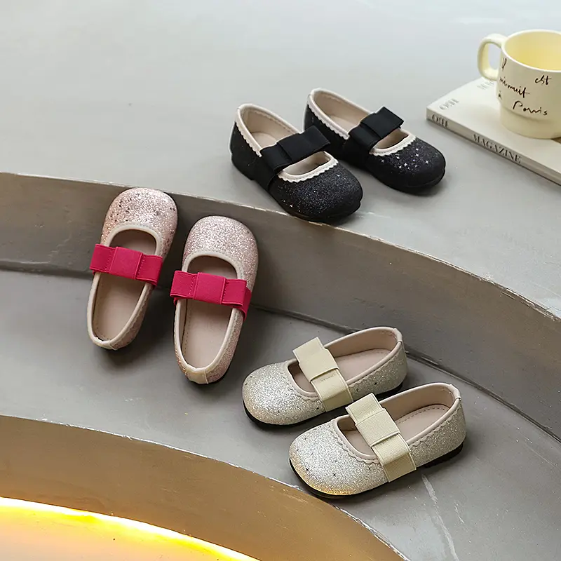 2025 Girls Bowknot Ballet Shoes Sequins Spring Autumn Children Fashion Leather Shoes Round-toe Princess Kids Causal Flat Shoes