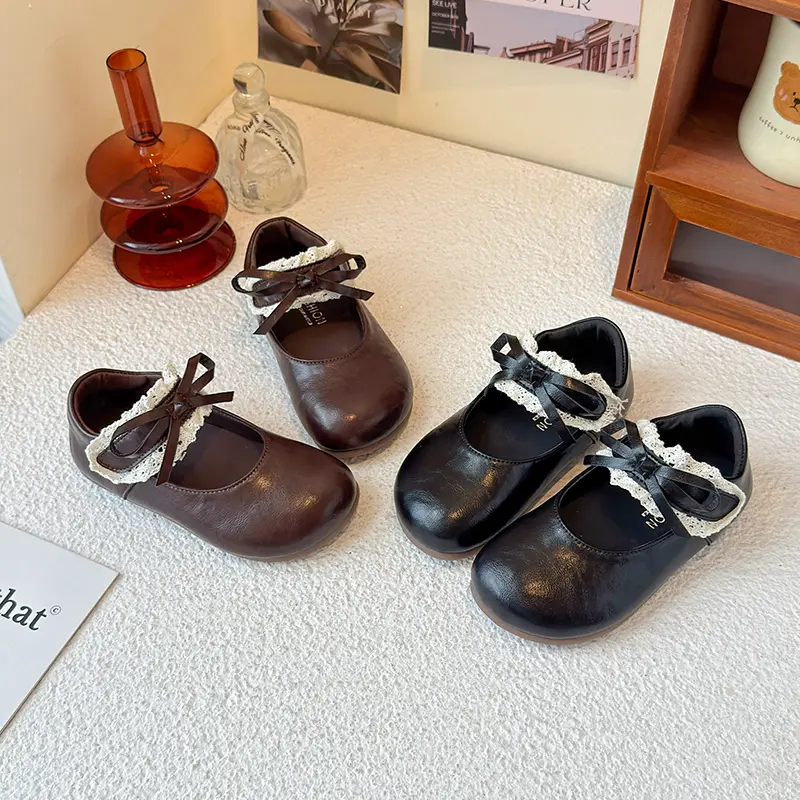 New Children Leather School Shoes Sweet Bow Shoes for Girls Spring Autumn Kids Causal Princess Party Mary Jane Shoes with Lace