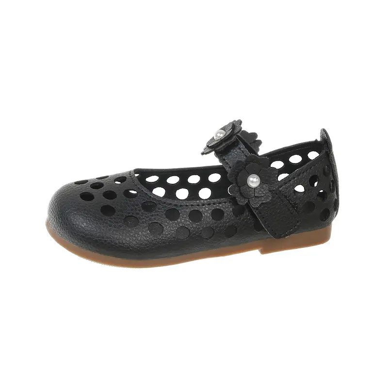 Kids Flat Shoes Hollowed-out Breathable Girls Princess Shows with Sweet Flowers 2025 New Fashion Children Leather Shoes Elegant