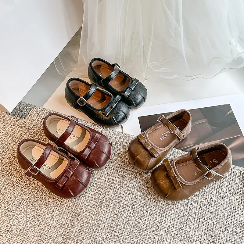 Girls Leather Shoes Round Toes Soild Soild Color Kids Dance Shoes Sweet Simple Bows 2025 Autumn New Children Flat Shoes Elegant
