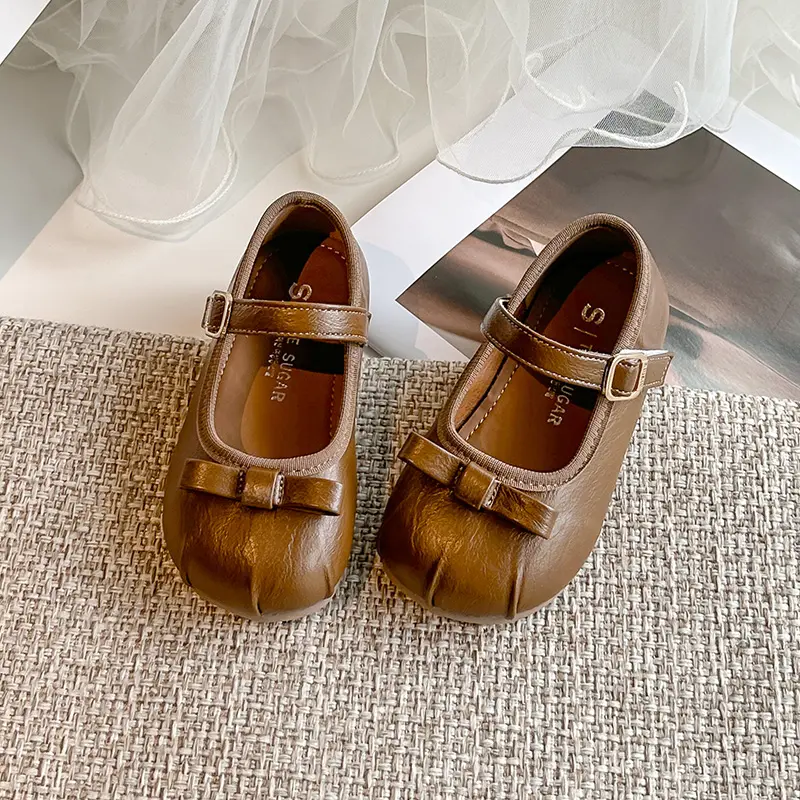 Girls Leather Shoes Round Toes Soild Soild Color Kids Dance Shoes Sweet Simple Bows 2025 Autumn New Children Flat Shoes Elegant
