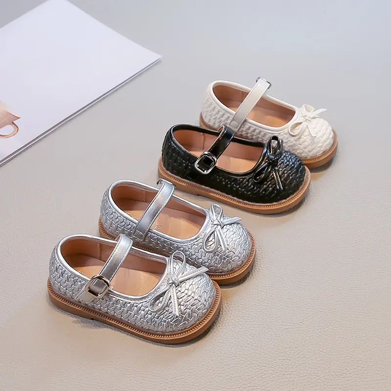 Girl's Mary Jane Shoes Princess Woven Style Kids Causal Leather Shoes with Fairy Bowknot Stage Performance Children Flat Shoes
