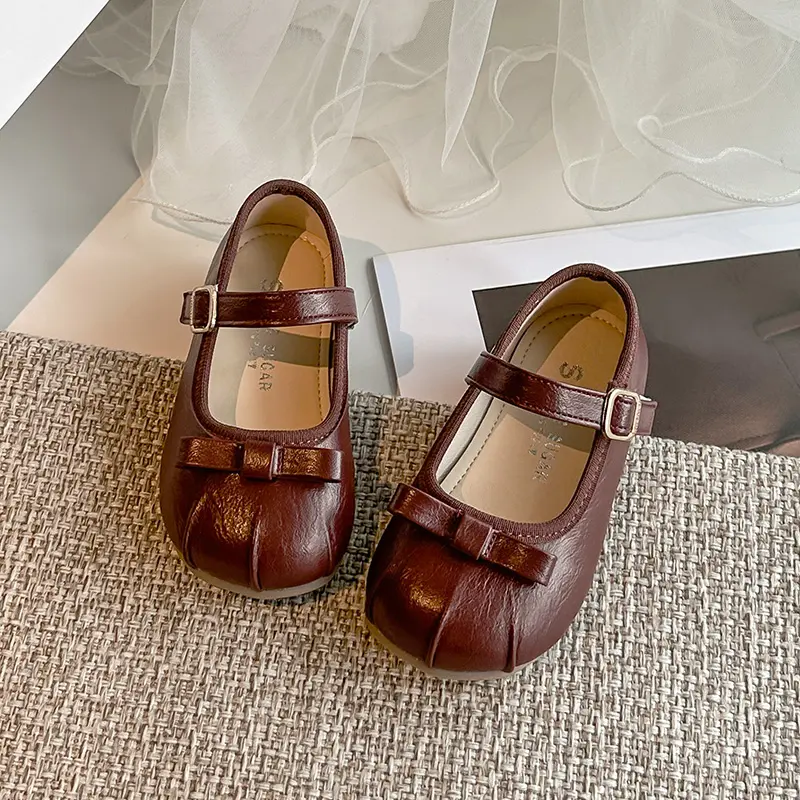 Girls Leather Shoes Round Toes Soild Soild Color Kids Dance Shoes Sweet Simple Bows 2025 Autumn New Children Flat Shoes Elegant