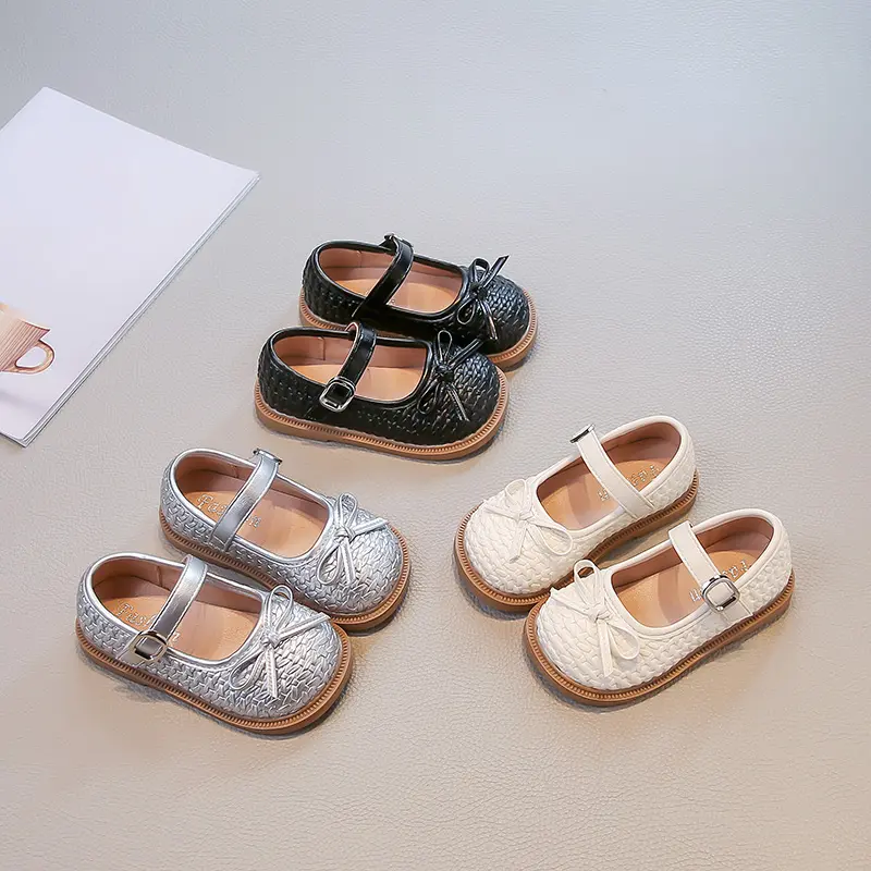 Girl's Mary Jane Shoes Princess Woven Style Kids Causal Leather Shoes with Fairy Bowknot Stage Performance Children Flat Shoes