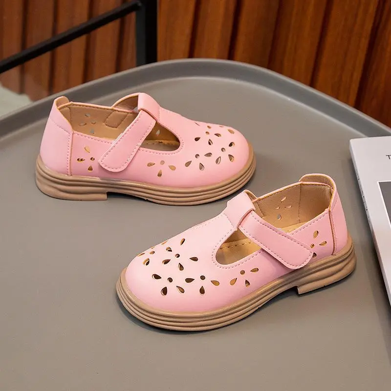 Girls Leather Shoes Soft PU Children T-strap Cut-outs Flats Breathable Kids Hollow Shoes for School Black Pink Beige Fashion New