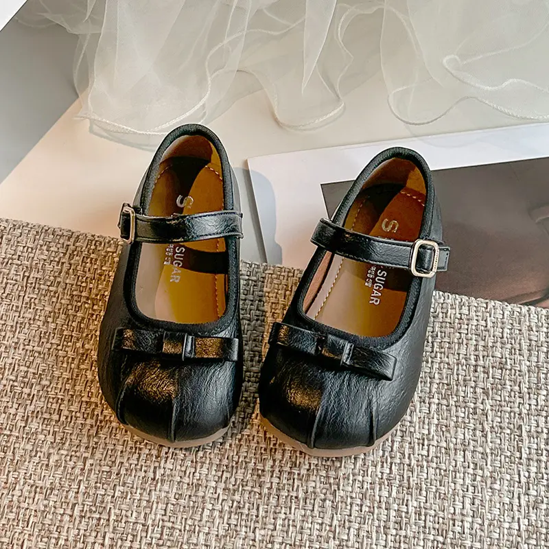 Girls Leather Shoes Round Toes Soild Soild Color Kids Dance Shoes Sweet Simple Bows 2025 Autumn New Children Flat Shoes Elegant
