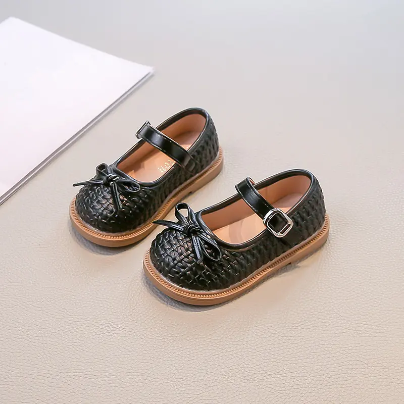 Girl's Mary Jane Shoes Princess Woven Style Kids Causal Leather Shoes with Fairy Bowknot Stage Performance Children Flat Shoes