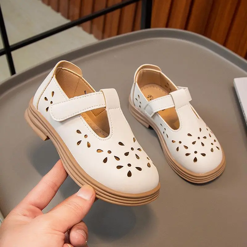 Girls Leather Shoes Soft PU Children T-strap Cut-outs Flats Breathable Kids Hollow Shoes for School Black Pink Beige Fashion New