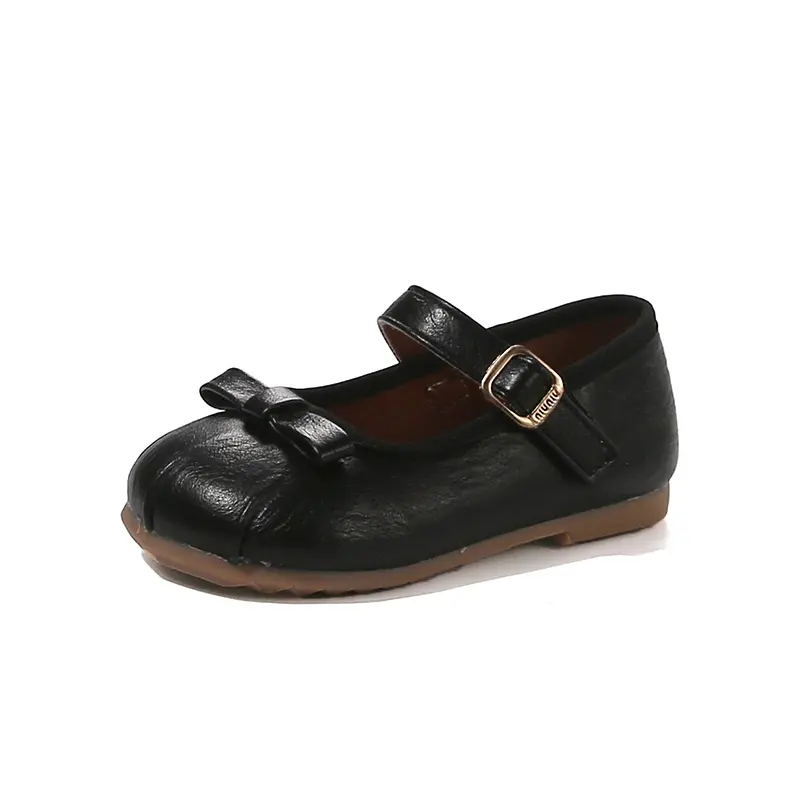 Girls Leather Shoes Round Toes Soild Soild Color Kids Dance Shoes Sweet Simple Bows 2025 Autumn New Children Flat Shoes Elegant