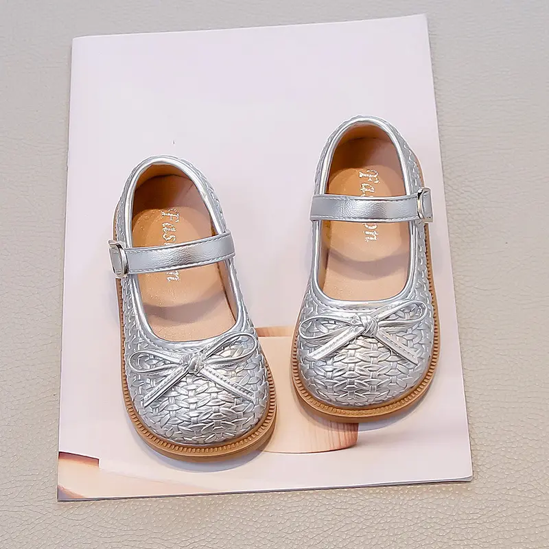 Girl's Mary Jane Shoes Princess Woven Style Kids Causal Leather Shoes with Fairy Bowknot Stage Performance Children Flat Shoes