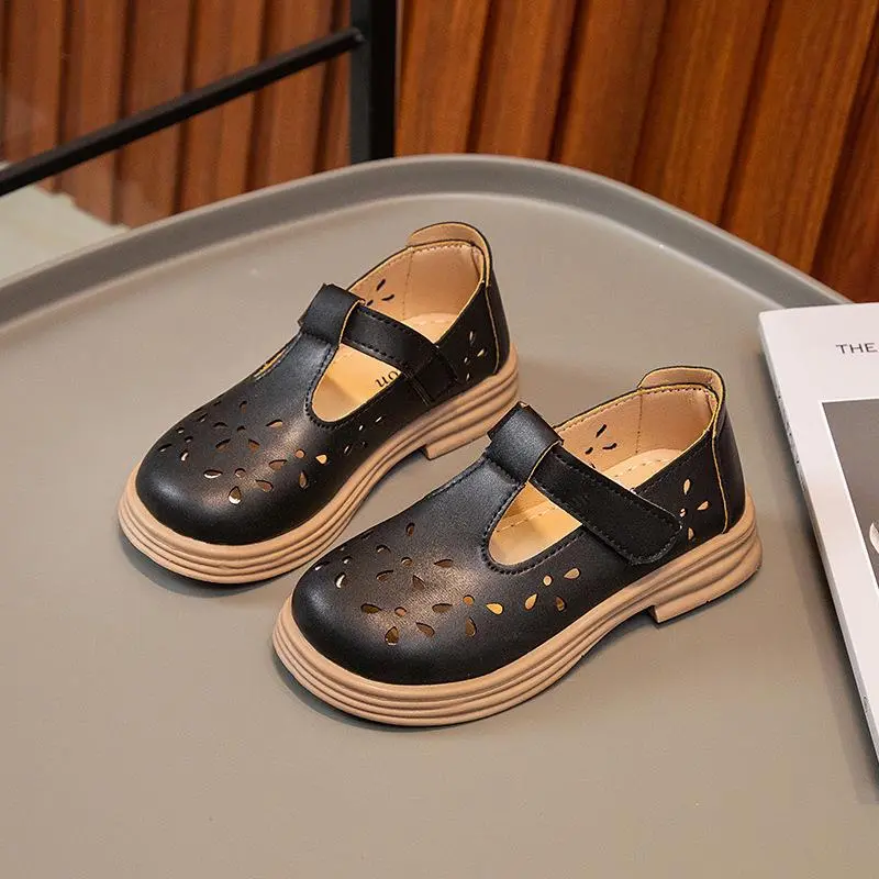 Girls Leather Shoes Soft PU Children T-strap Cut-outs Flats Breathable Kids Hollow Shoes for School Black Pink Beige Fashion New