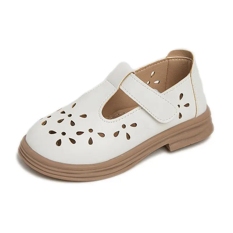 Girls Leather Shoes Soft PU Children T-strap Cut-outs Flats Breathable Kids Hollow Shoes for School Black Pink Beige Fashion New