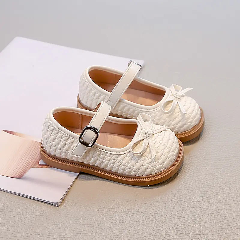 Girl's Mary Jane Shoes Princess Woven Style Kids Causal Leather Shoes with Fairy Bowknot Stage Performance Children Flat Shoes