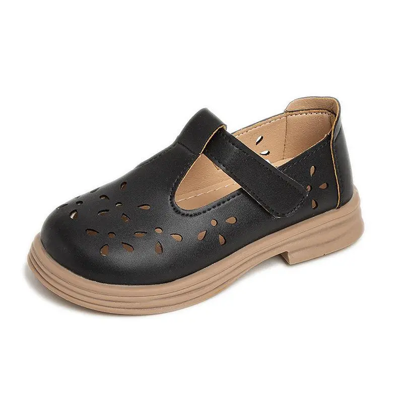 Girls Leather Shoes Soft PU Children T-strap Cut-outs Flats Breathable Kids Hollow Shoes for School Black Pink Beige Fashion New