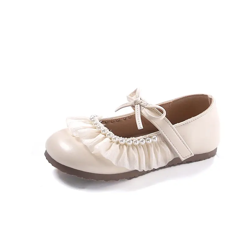 Kids MaryJanes Dance Shoes with Pleated Lace Girls Princess Shoes with Simple Bow 2025 New Children Flat Shoes Beading Soft Sole