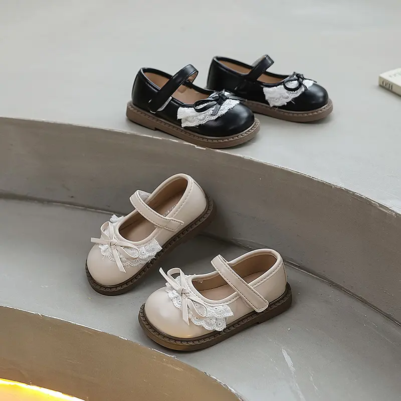 Chic Children Causal Shoes for Girls Spring Autumn Lace Ruffled Edge Kids Leather Shoes Sweet Princess Wedding Party Flat Shoes