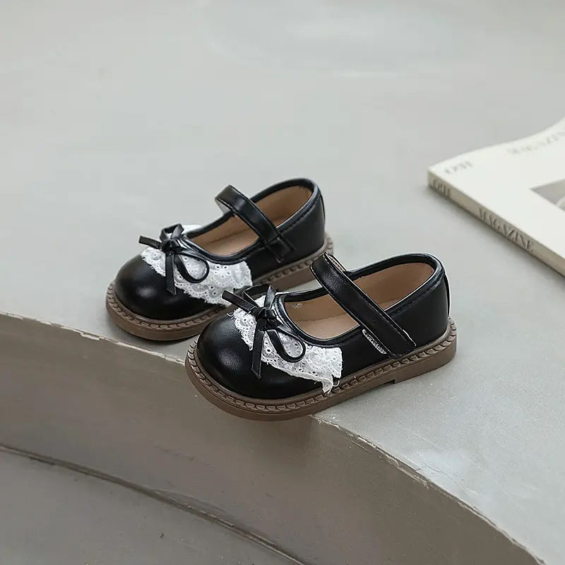Chic Children Causal Shoes for Girls Spring Autumn Lace Ruffled Edge Kids Leather Shoes Sweet Princess Wedding Party Flat Shoes
