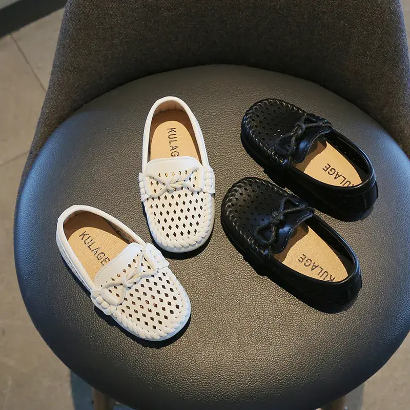 Kids Fashion Casual Shoes Slip-on Boys Flats Solid Color 2025 New Hot Soft Breathable Simple Non-slip PU Hollow Children Loafers