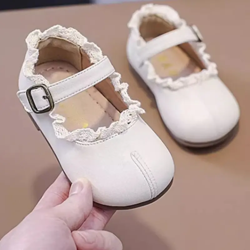 Spring Autumn Toddlers Girls Shoes Sweet Lace Ruffled Edge Children's Flats Fashion Princess Walking Causal Kids Leather Shoes
