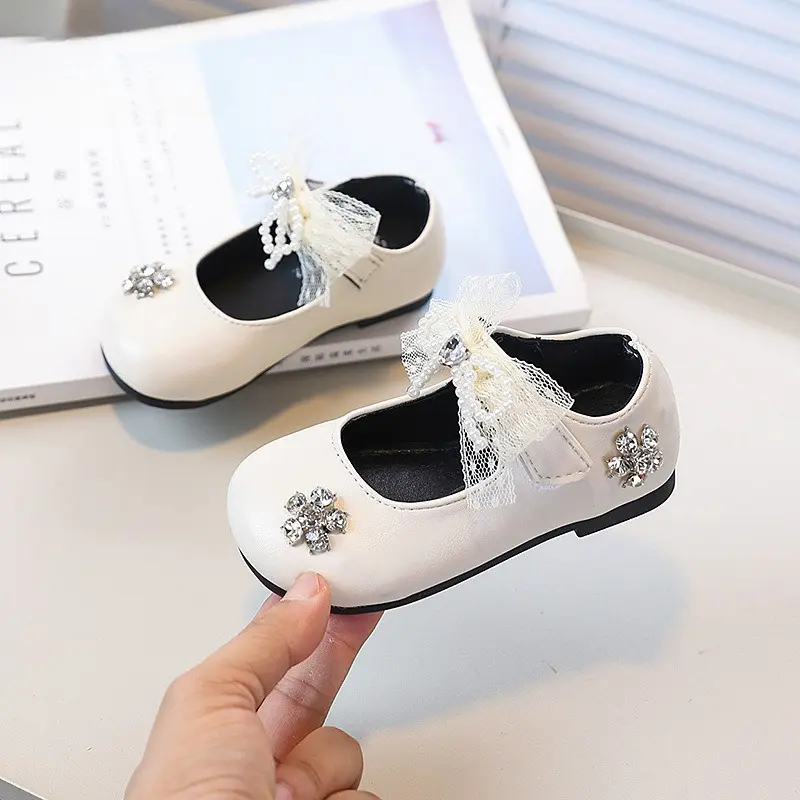New Spring Autumn Girls Leather Shoes Sweet Princess Lace Bowknot Children's Flats Fashion Performance Kids Causal Dress Shoes