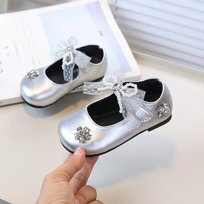 New Spring Autumn Girls Leather Shoes Sweet Princess Lace Bowknot Children's Flats Fashion Performance Kids Causal Dress Shoes