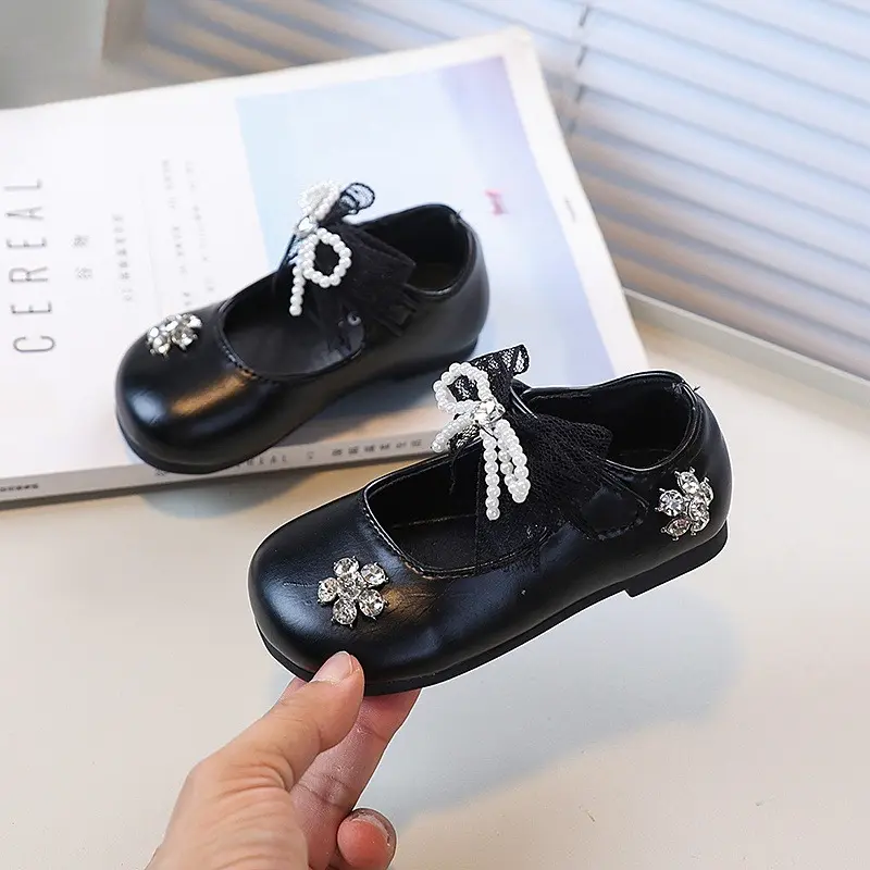 New Spring Autumn Girls Leather Shoes Sweet Princess Lace Bowknot Children's Flats Fashion Performance Kids Causal Dress Shoes
