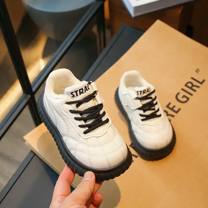 2024 Children Fashion Girls Leather Shoes Simple Non-slip Round-toe Sewing Cute Baby Boys Casual Shoes Kids Loafer Black Beige