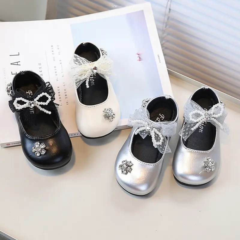 New Spring Autumn Girls Leather Shoes Sweet Princess Lace Bowknot Children's Flats Fashion Performance Kids Causal Dress Shoes