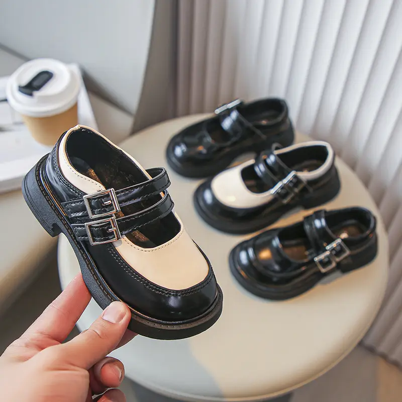 Girls Performance Dance Shoes with Metal Buckle Children Leather Princess Shoes British Style Kids Mary Janes Shoes Round Toe