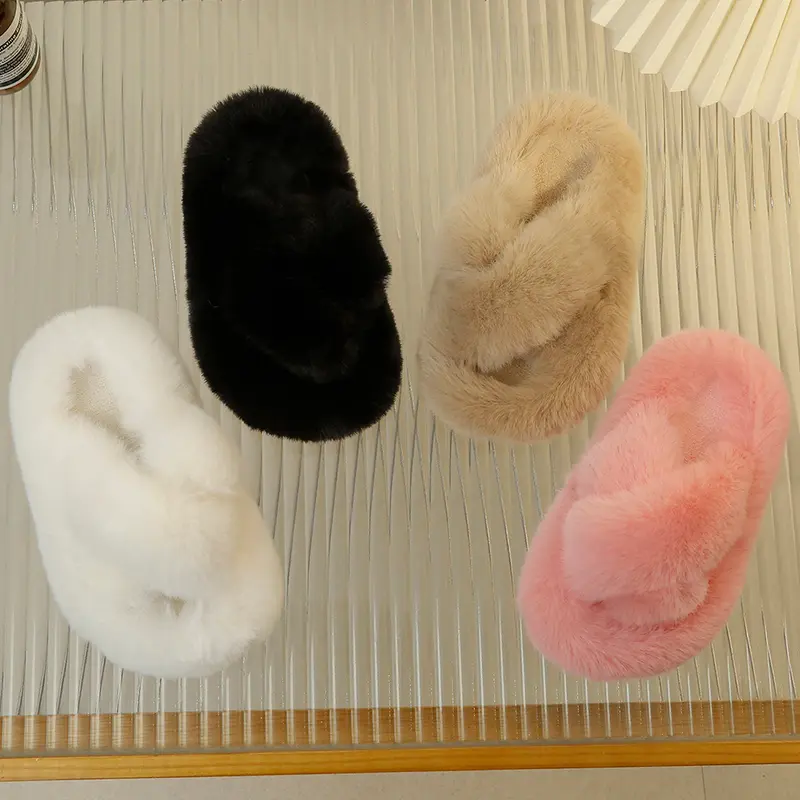 Children Warm Home Slippers Winter Soft Fluffy Girls Open-toe Flat Slippers Fashion Versatile Kids Causal Open-toe Cotton Shoes