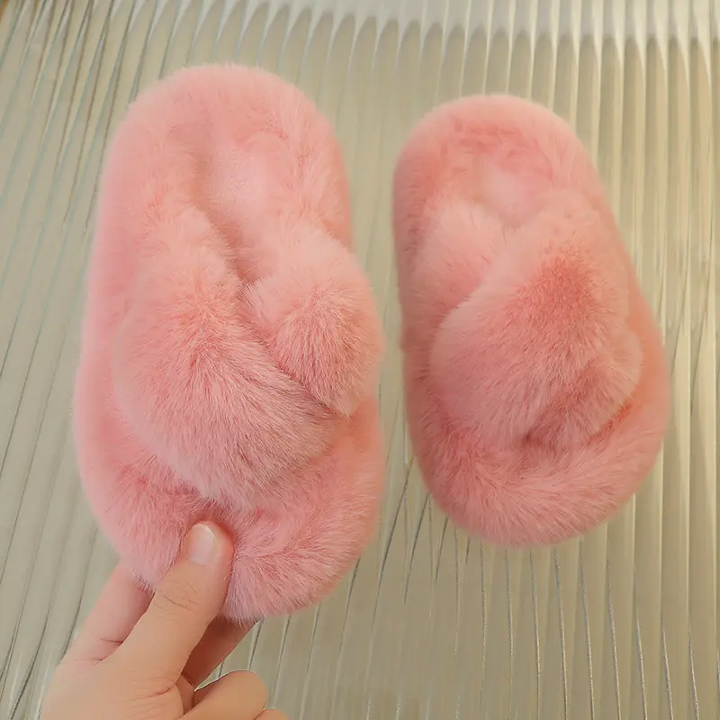 Children Warm Home Slippers Winter Soft Fluffy Girls Open-toe Flat Slippers Fashion Versatile Kids Causal Open-toe Cotton Shoes