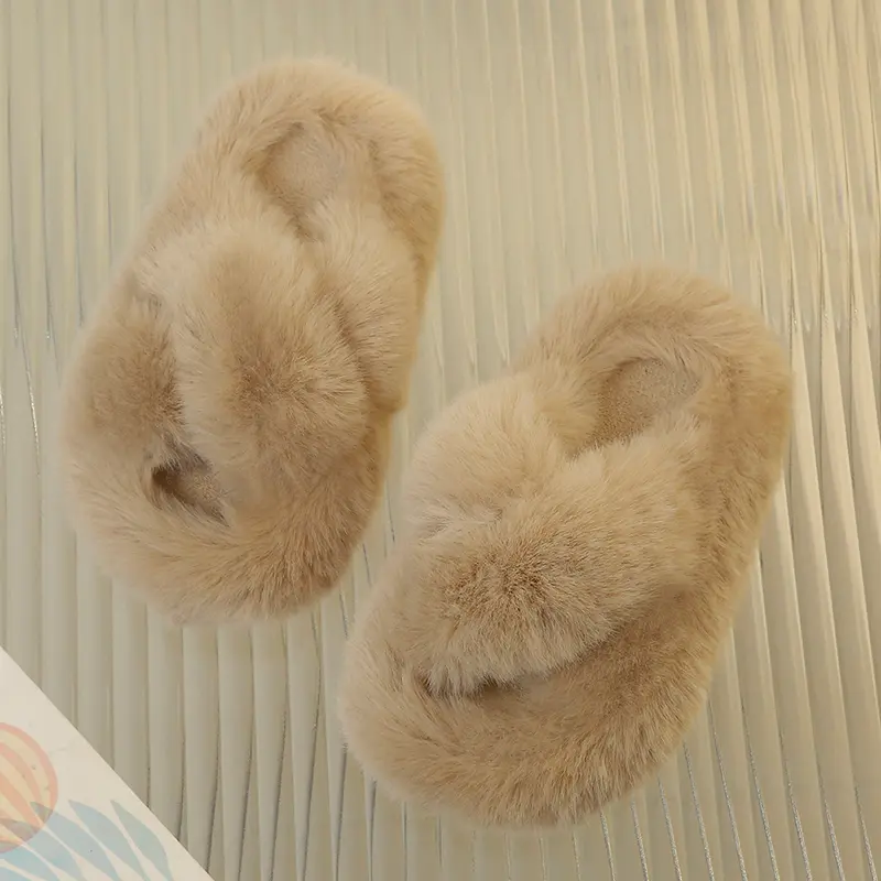 Children Warm Home Slippers Winter Soft Fluffy Girls Open-toe Flat Slippers Fashion Versatile Kids Causal Open-toe Cotton Shoes
