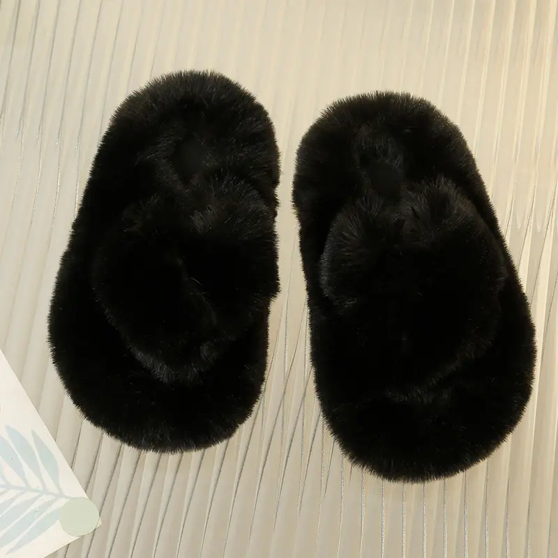 Children Warm Home Slippers Winter Soft Fluffy Girls Open-toe Flat Slippers Fashion Versatile Kids Causal Open-toe Cotton Shoes