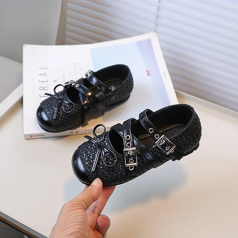 Trend Fashion Girls Leather Shoes Bowknot Patchwork Kids Causal Shoes Round-toe Versatile Children Dance Flat Mary Jane Shoes