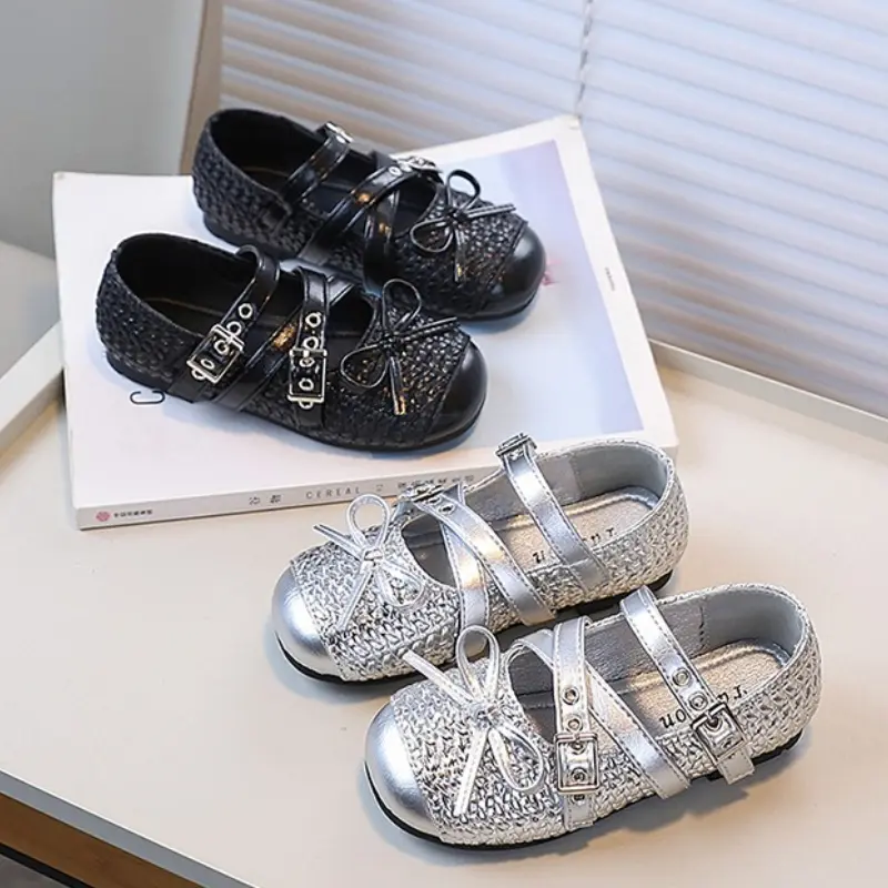Trend Fashion Girls Leather Shoes Bowknot Patchwork Kids Causal Shoes Round-toe Versatile Children Dance Flat Mary Jane Shoes