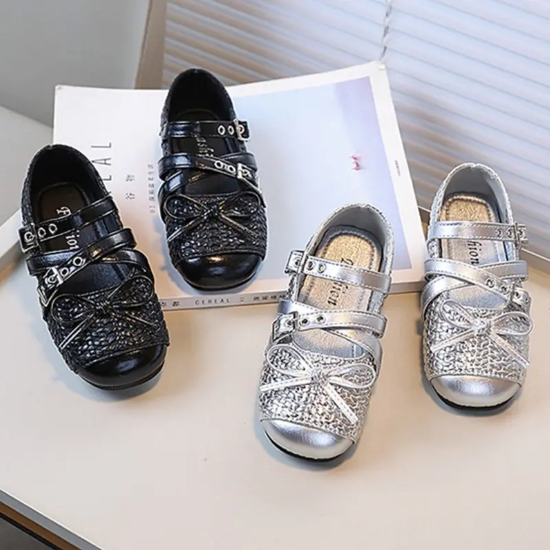 Trend Fashion Girls Leather Shoes Bowknot Patchwork Kids Causal Shoes Round-toe Versatile Children Dance Flat Mary Jane Shoes