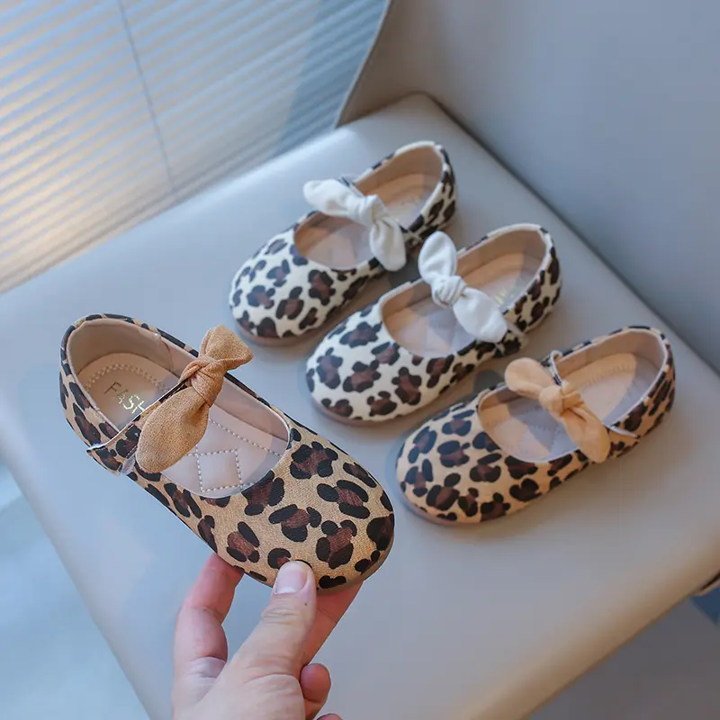 Girls Leather Shoes Leopard Prints Style Fashion Princess Kids Mary Janes with Bow-knot Sweet Chic 2025 Spring Autumn Brand New