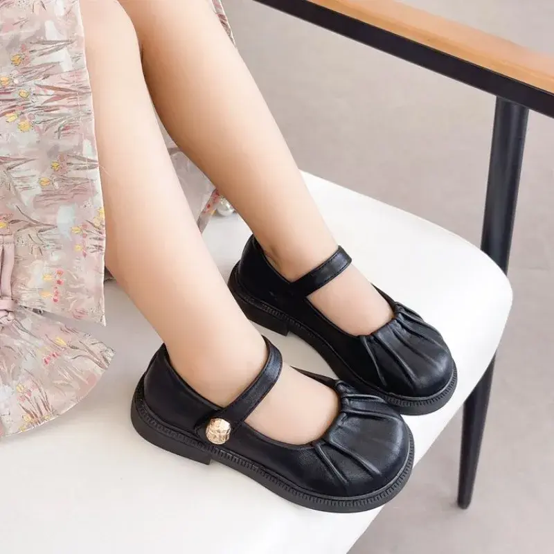 Spring Autumn Girls' Flat Shoes Fold Causal Children's Leather Shoes Solid Color Simple Kids Fashion Princess School Shoes New