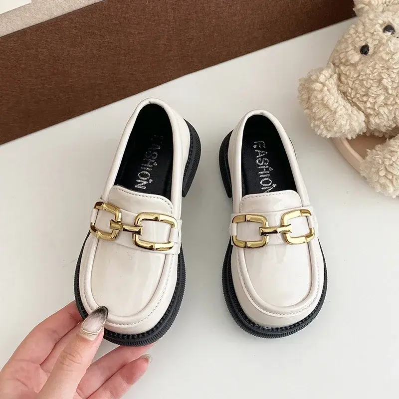 Kids Uniform Shoes Black Glossy 2025 Spring Autumn Girls Leather Shoes School Students Kids Flats Buckle Decoration Ins Trendy
