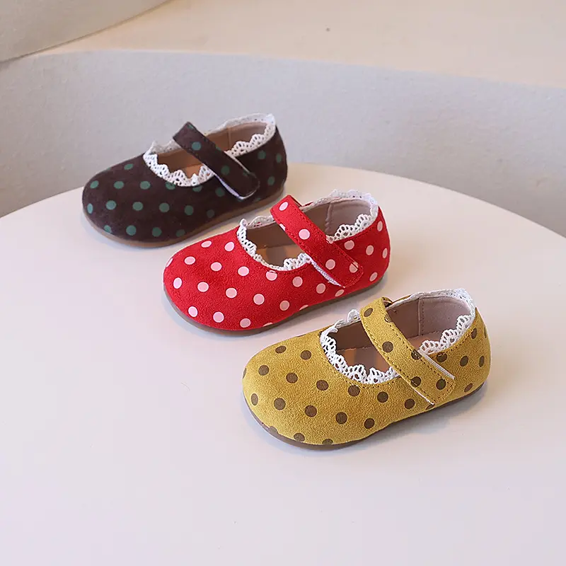 Children Princess Shoes Spring Autumn Girls Polka Dot Leather Shoes Trend Classic Kids Fashion Lace Pleated Causal Ballet Shoes